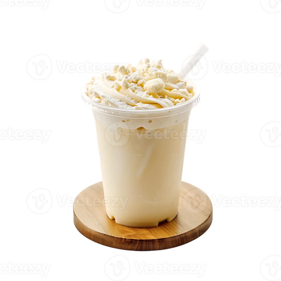 Iced vanilla milkshake and milk blended with ice cubes in a plastic cup on a wooden coaster png