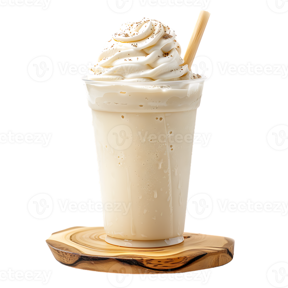 Iced vanilla milkshake and milk blended with ice cubes in a plastic cup on a wooden coaster png