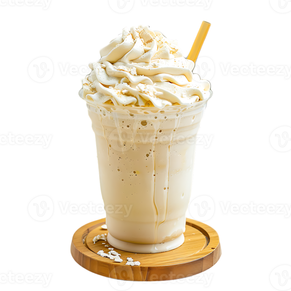 Iced vanilla milkshake and milk blended with ice cubes in a plastic cup on a wooden coaster png