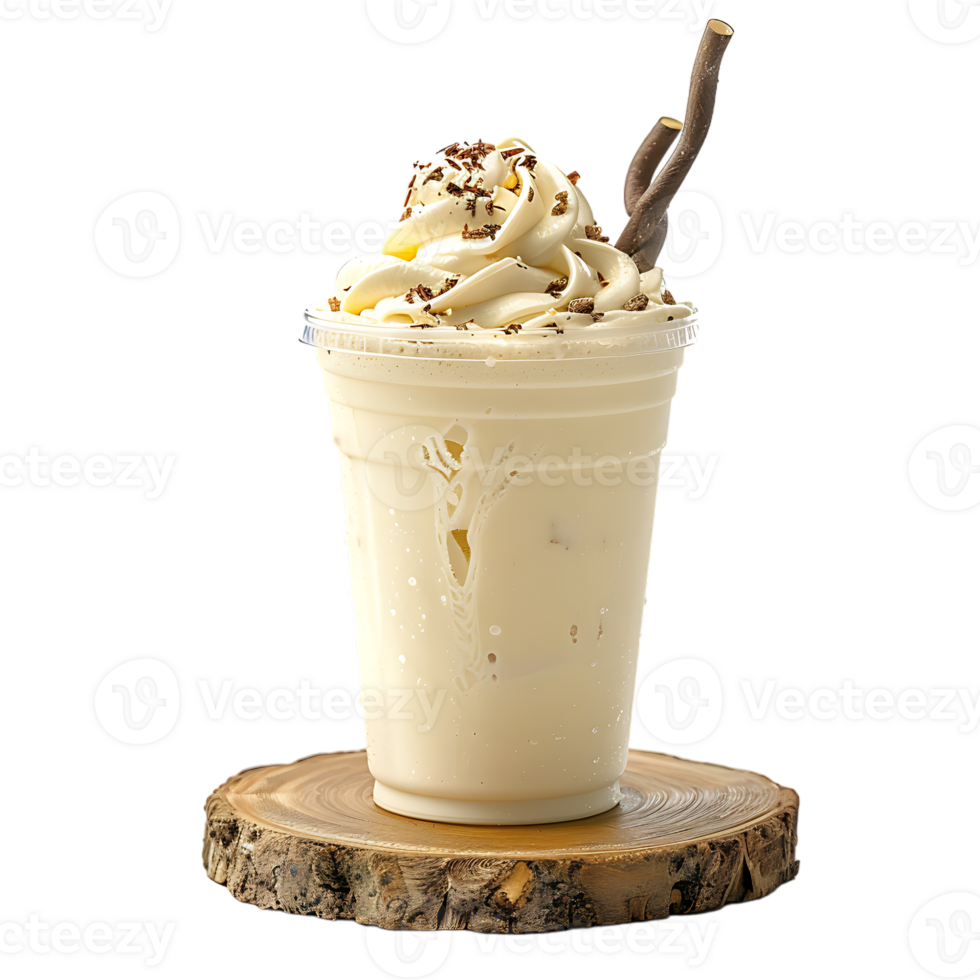 Iced vanilla milkshake and milk blended with ice cubes in a plastic cup on a wooden coaster png