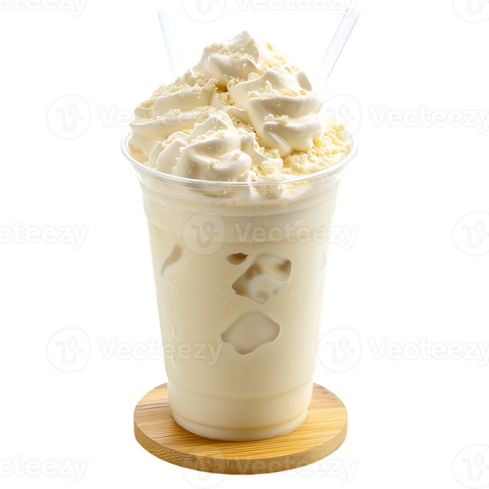 Iced vanilla milkshake and milk blended with ice cubes in a plastic cup on a wooden coaster png