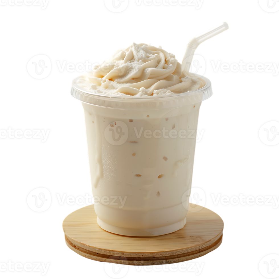 Iced vanilla milkshake and milk blended with ice cubes in a plastic cup on a wooden coaster png