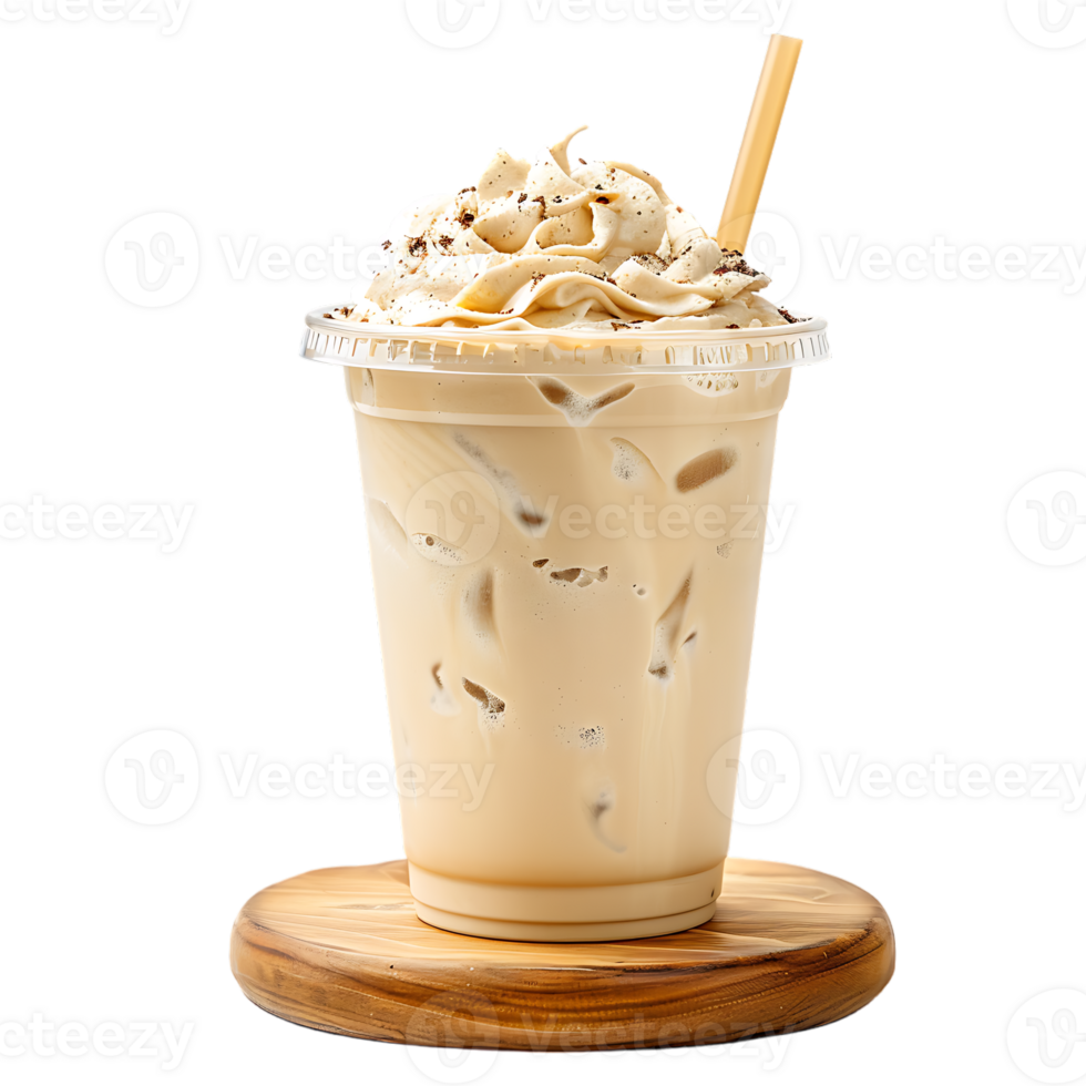 Iced vanilla milkshake and milk blended with ice cubes in a plastic cup on a wooden coaster png