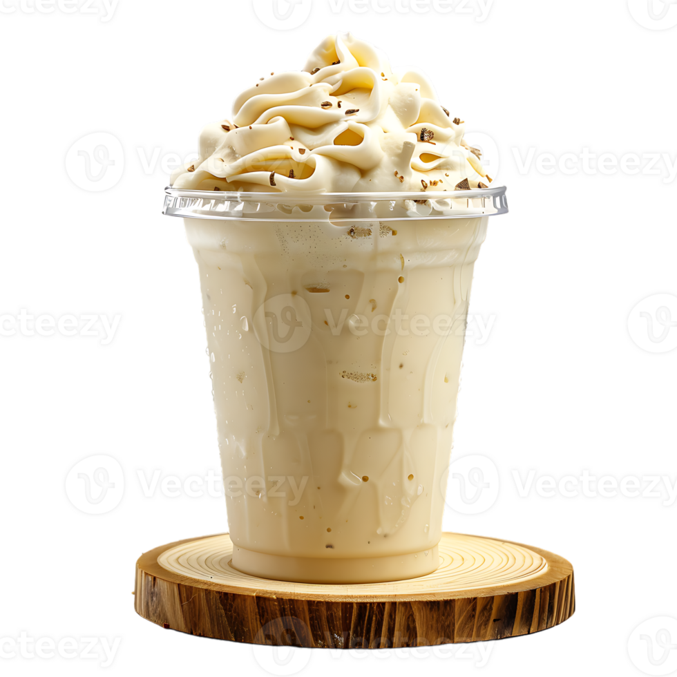 Iced vanilla milkshake and milk blended with ice cubes in a plastic cup on a wooden coaster png