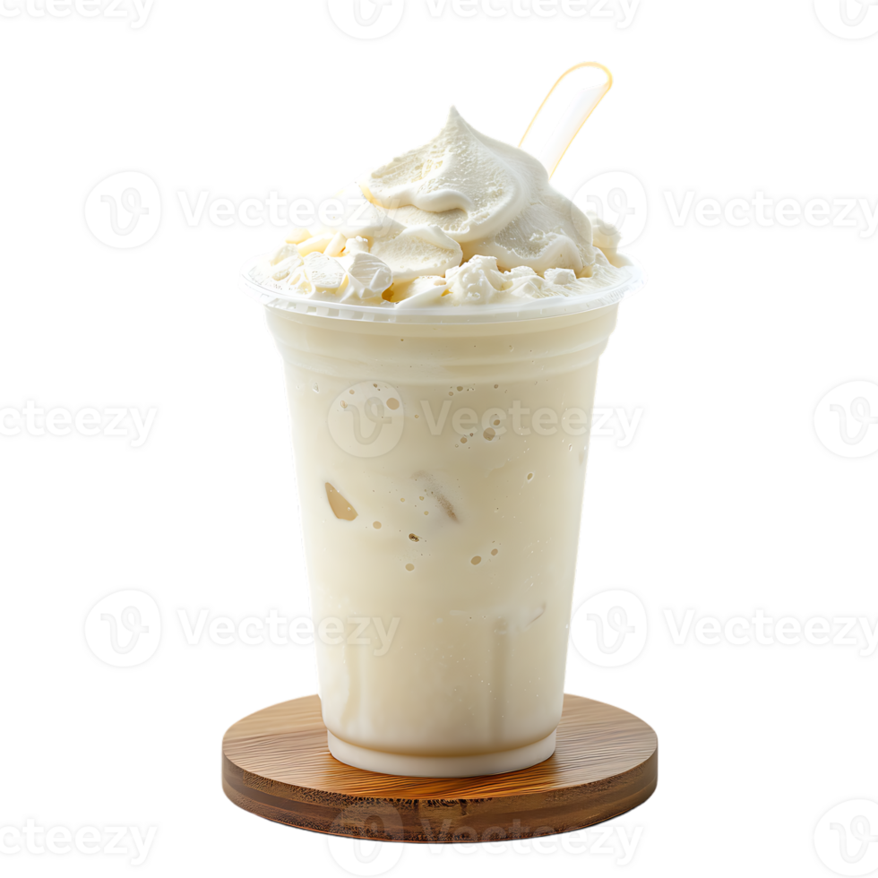 Iced vanilla milkshake and milk blended with ice cubes in a plastic cup on a wooden coaster png