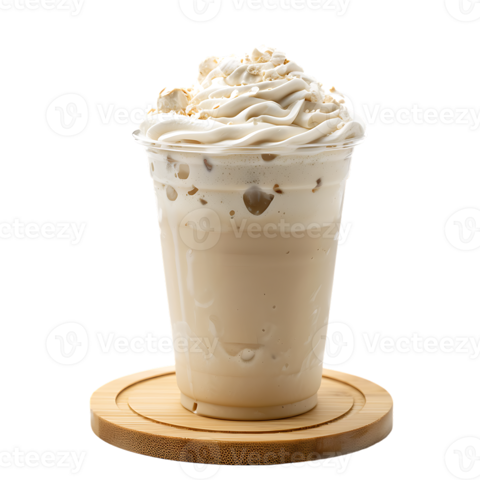 Iced vanilla milkshake and milk blended with ice cubes in a plastic cup on a wooden coaster png