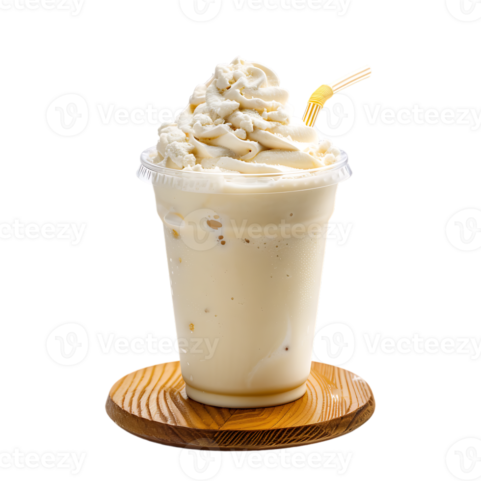 Iced vanilla milkshake and milk blended with ice cubes in a plastic cup on a wooden coaster png