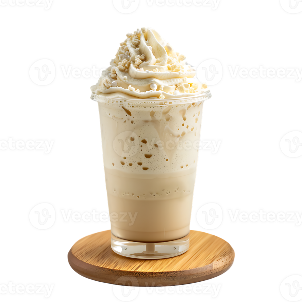 Iced vanilla milkshake and milk blended with ice cubes in a plastic cup on a wooden coaster png