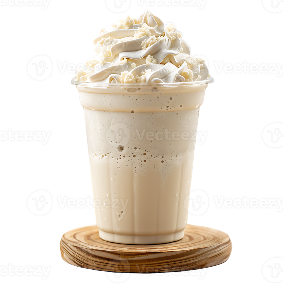 Iced vanilla milkshake and milk blended with ice cubes in a plastic cup on a wooden coaster png