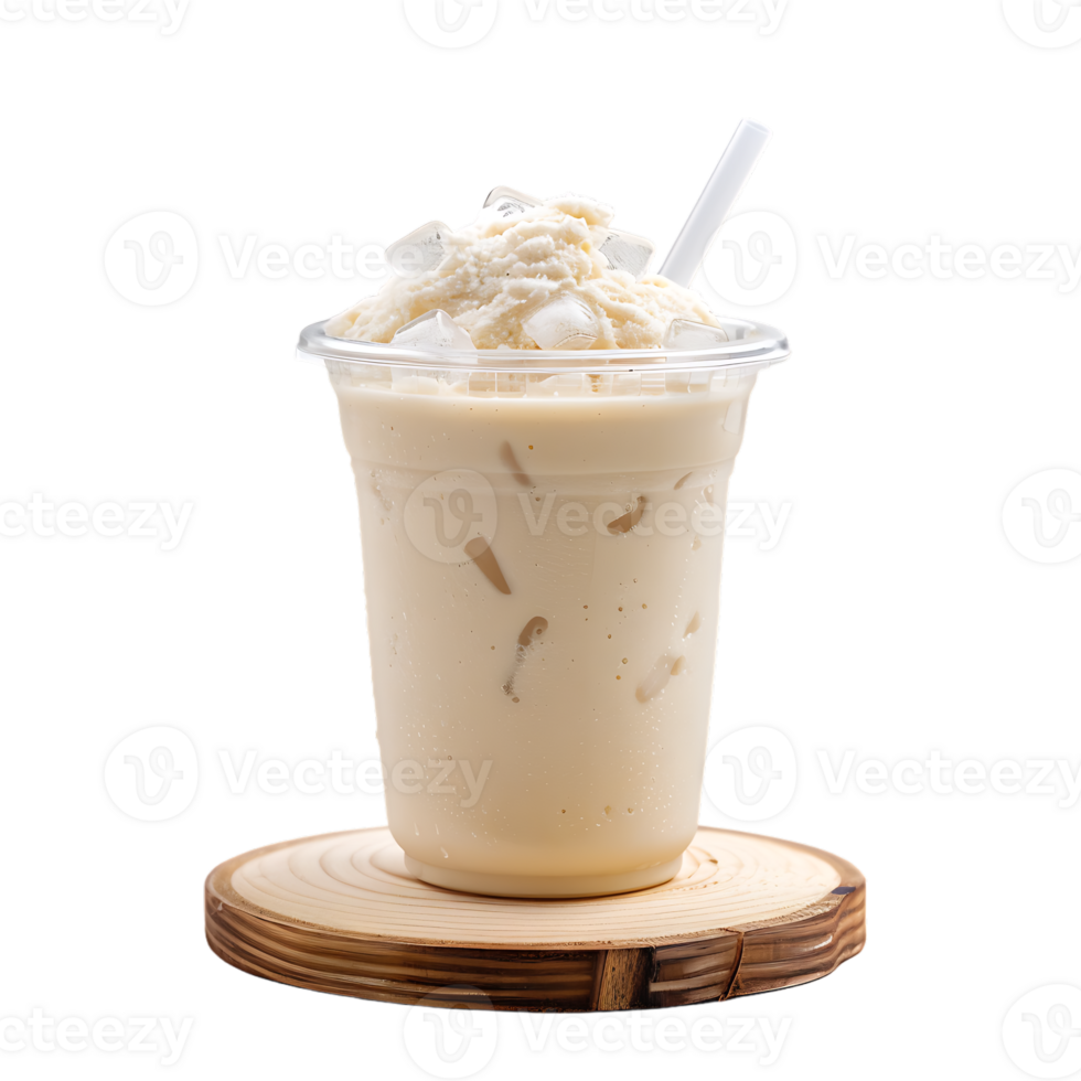 Iced vanilla milkshake and milk blended with ice cubes in a plastic cup on a wooden coaster png
