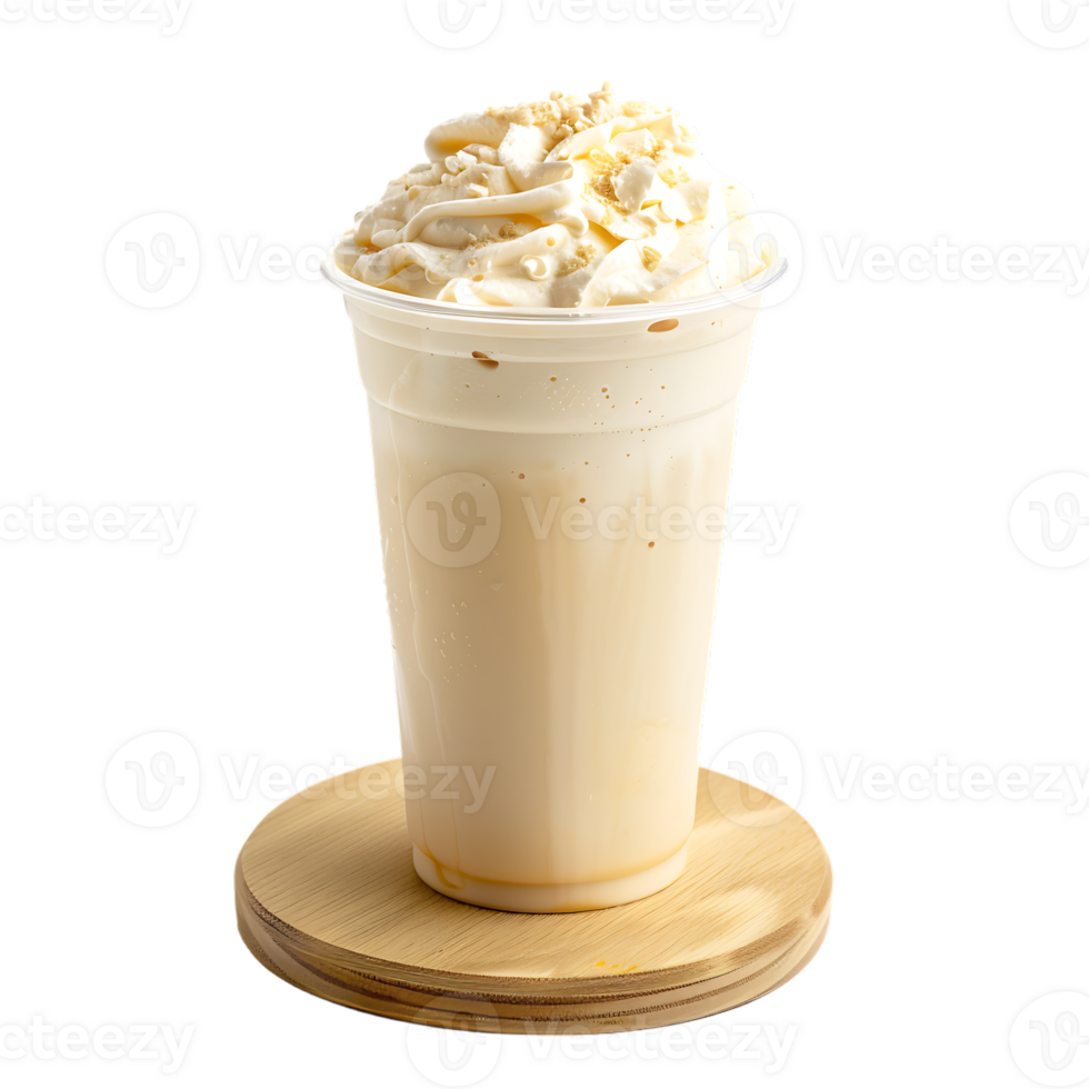 Iced vanilla milkshake and milk blended with ice cubes in a plastic cup on a wooden coaster png