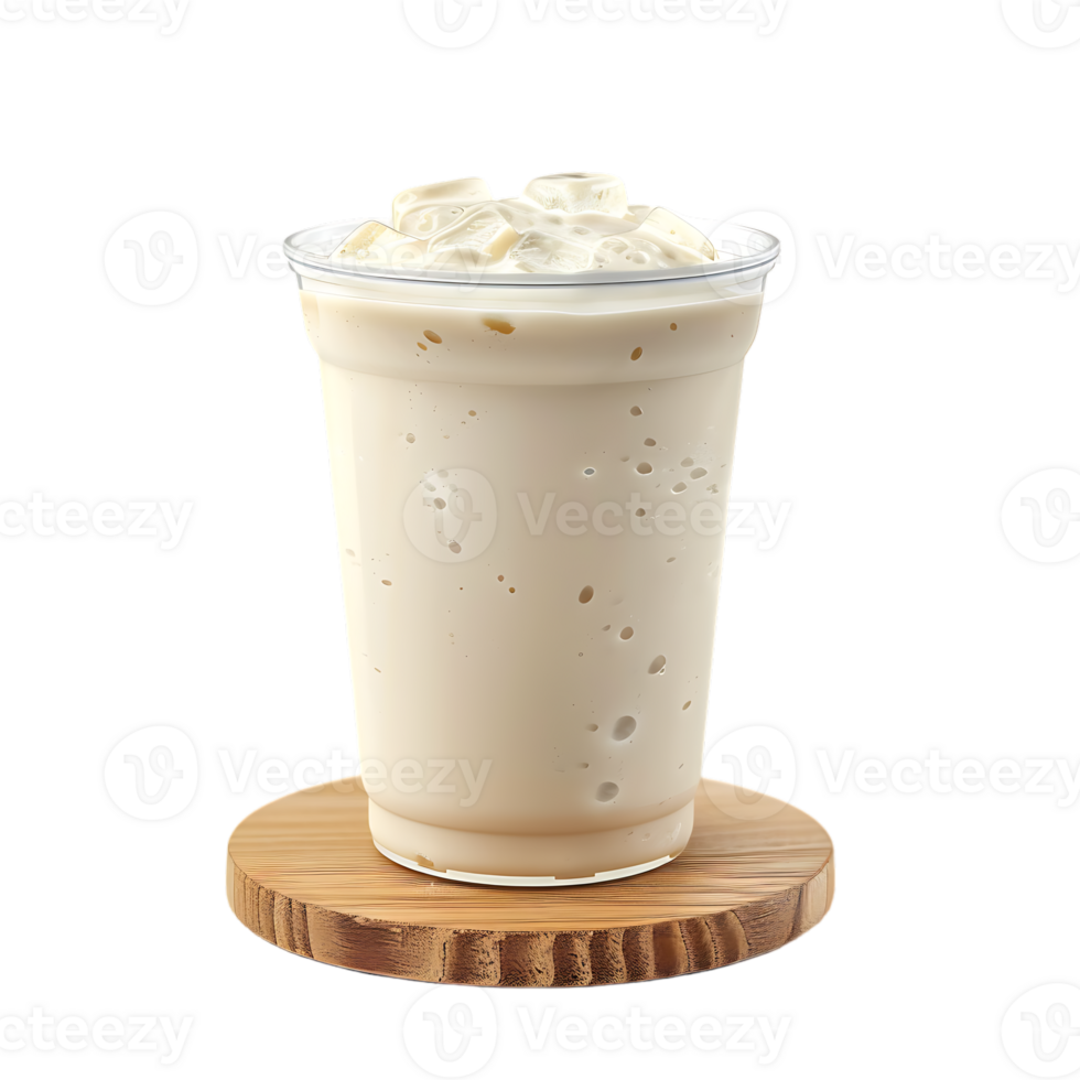 Iced vanilla milkshake and milk blended with ice cubes in a plastic cup on a wooden coaster png