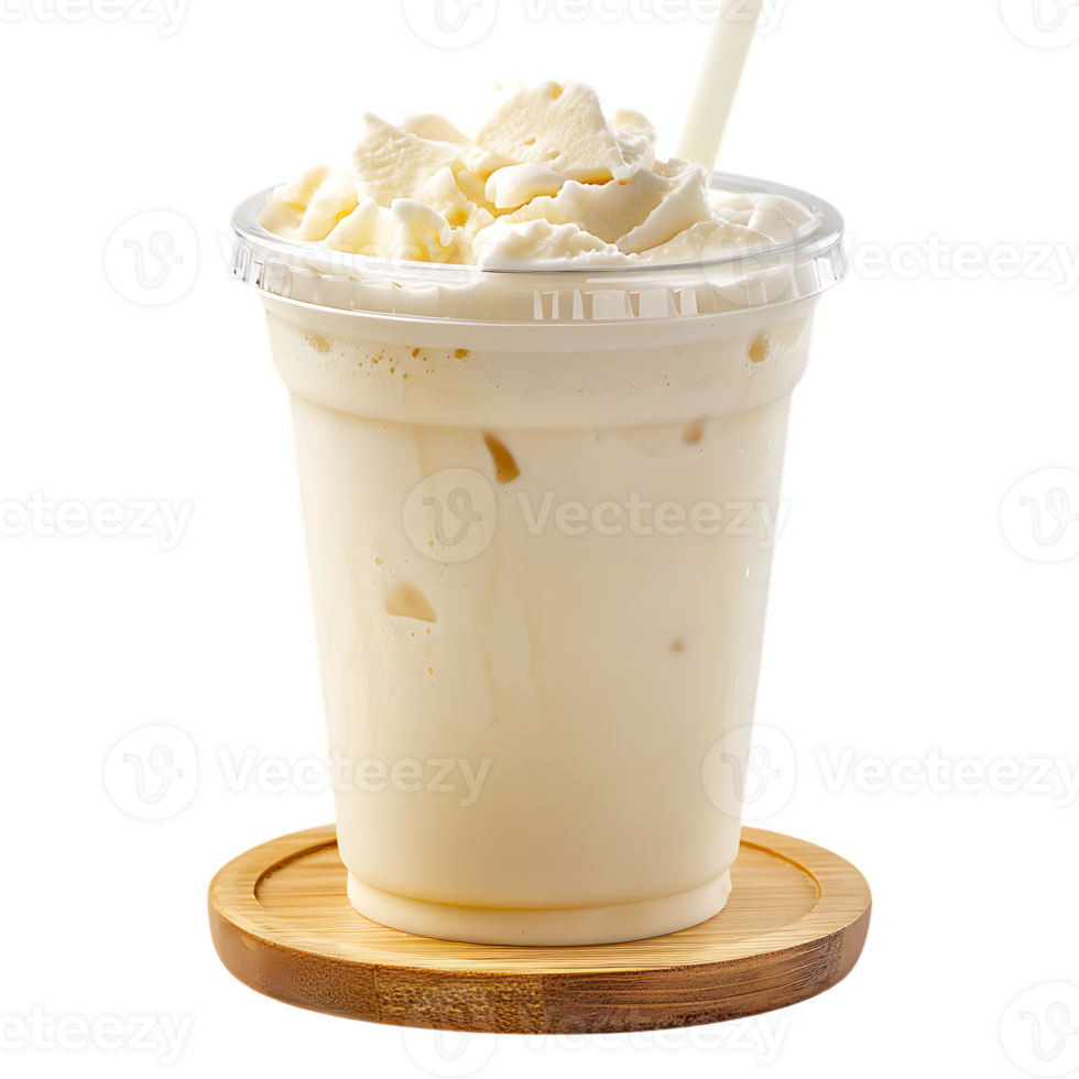 Iced vanilla milkshake and milk blended with ice cubes in a plastic cup on a wooden coaster png