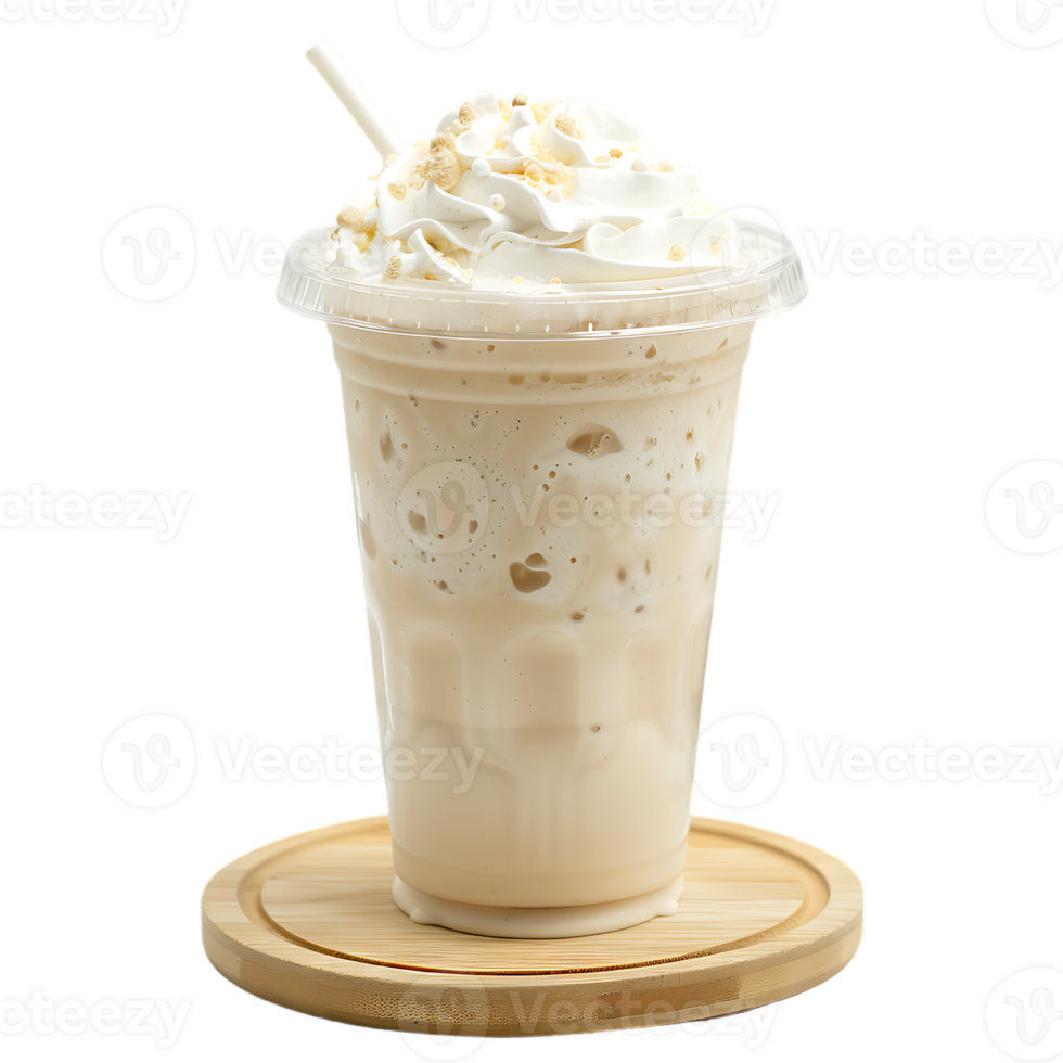 Iced vanilla milkshake and milk blended with ice cubes in a plastic cup on a wooden coaster png