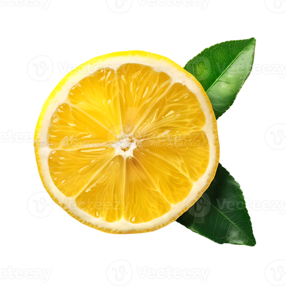 Natural lemon fruit with green leaf isolated png