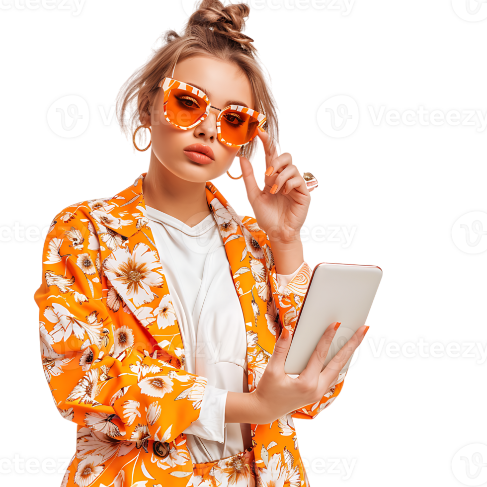 Portrait of young lady hold gadget point empty space dressed stylish orange print garment png