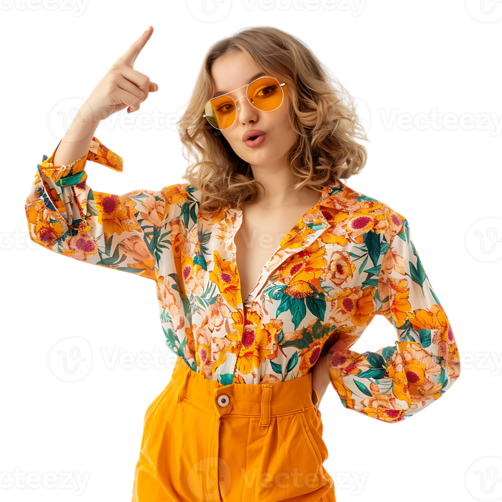 Portrait of young lady hold gadget point empty space dressed stylish orange print garment png