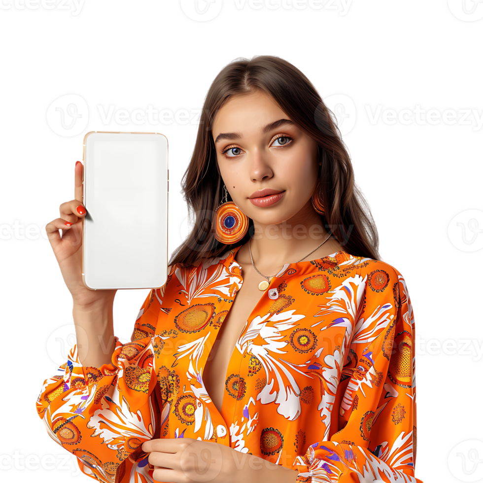 Portrait of young lady hold gadget point empty space dressed stylish orange print garment png