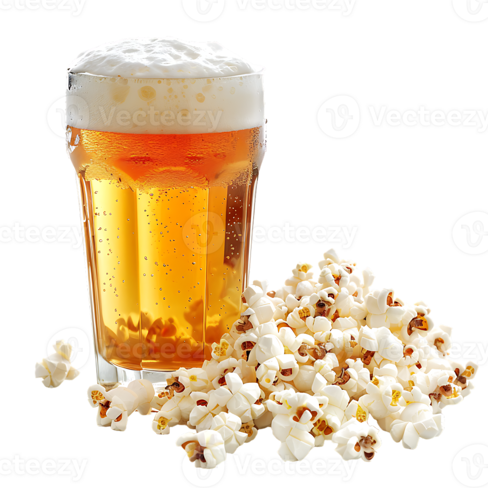 Popcorn and a glass of light beer isolated on a transparent background png