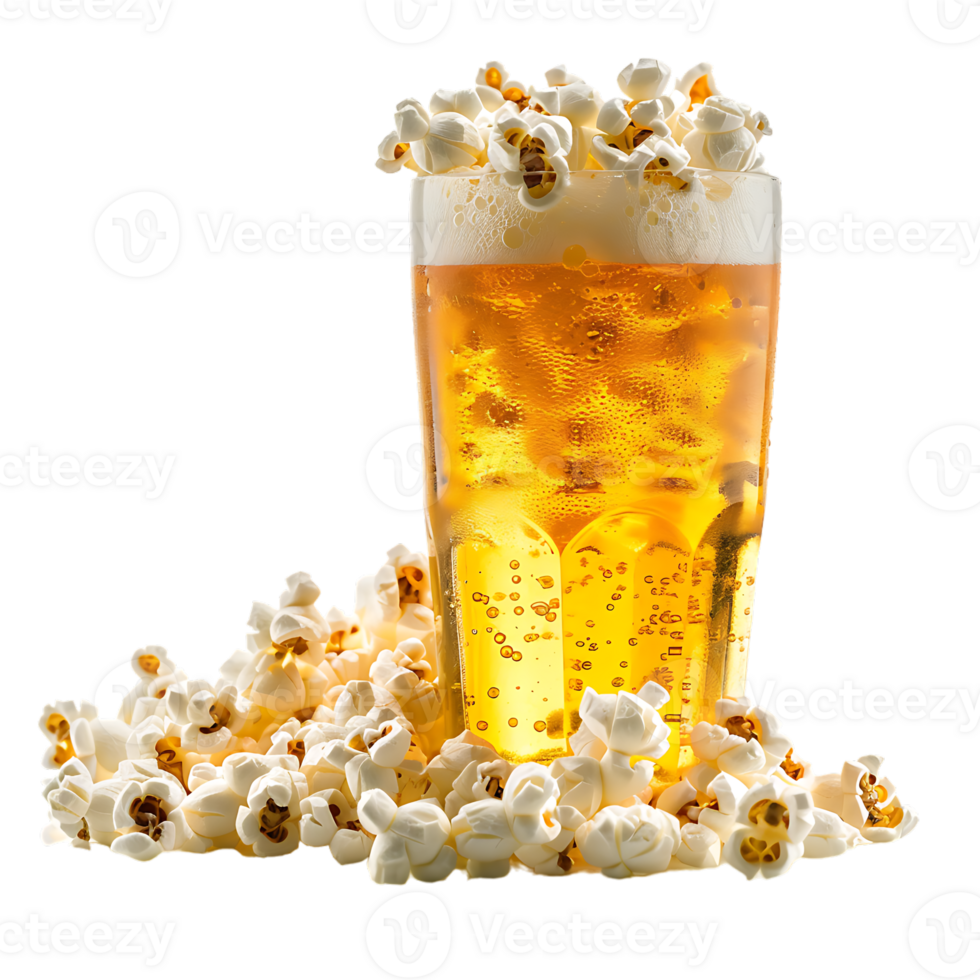 Popcorn and a glass of light beer isolated on a transparent background png