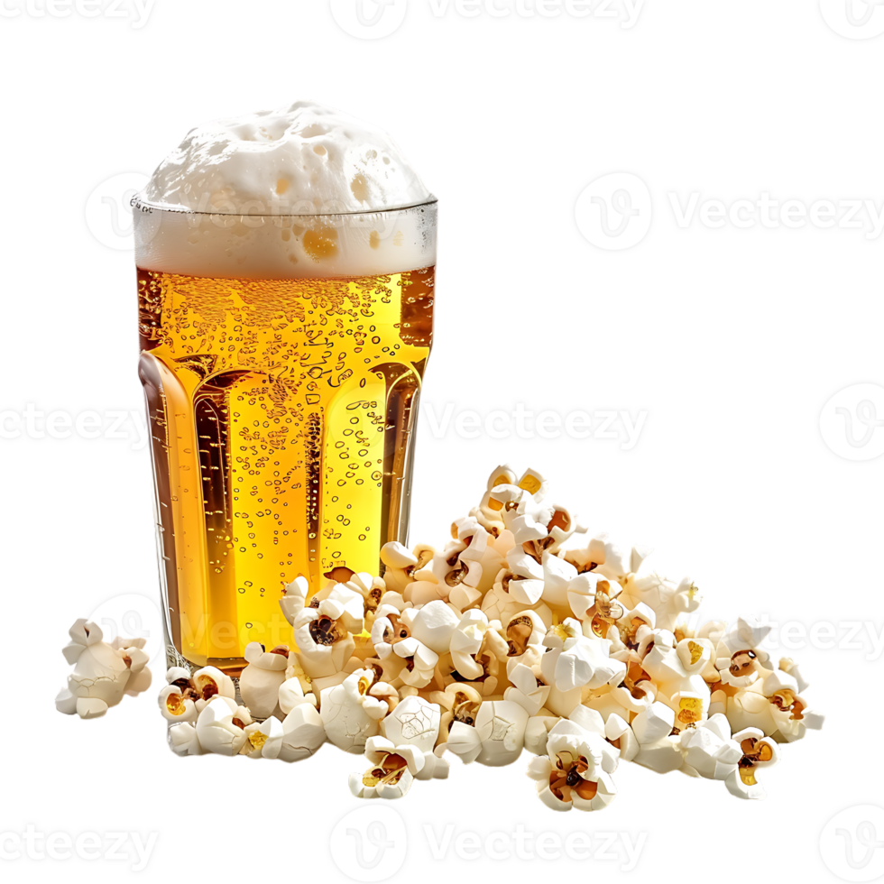Popcorn and a glass of light beer isolated on a transparent background png