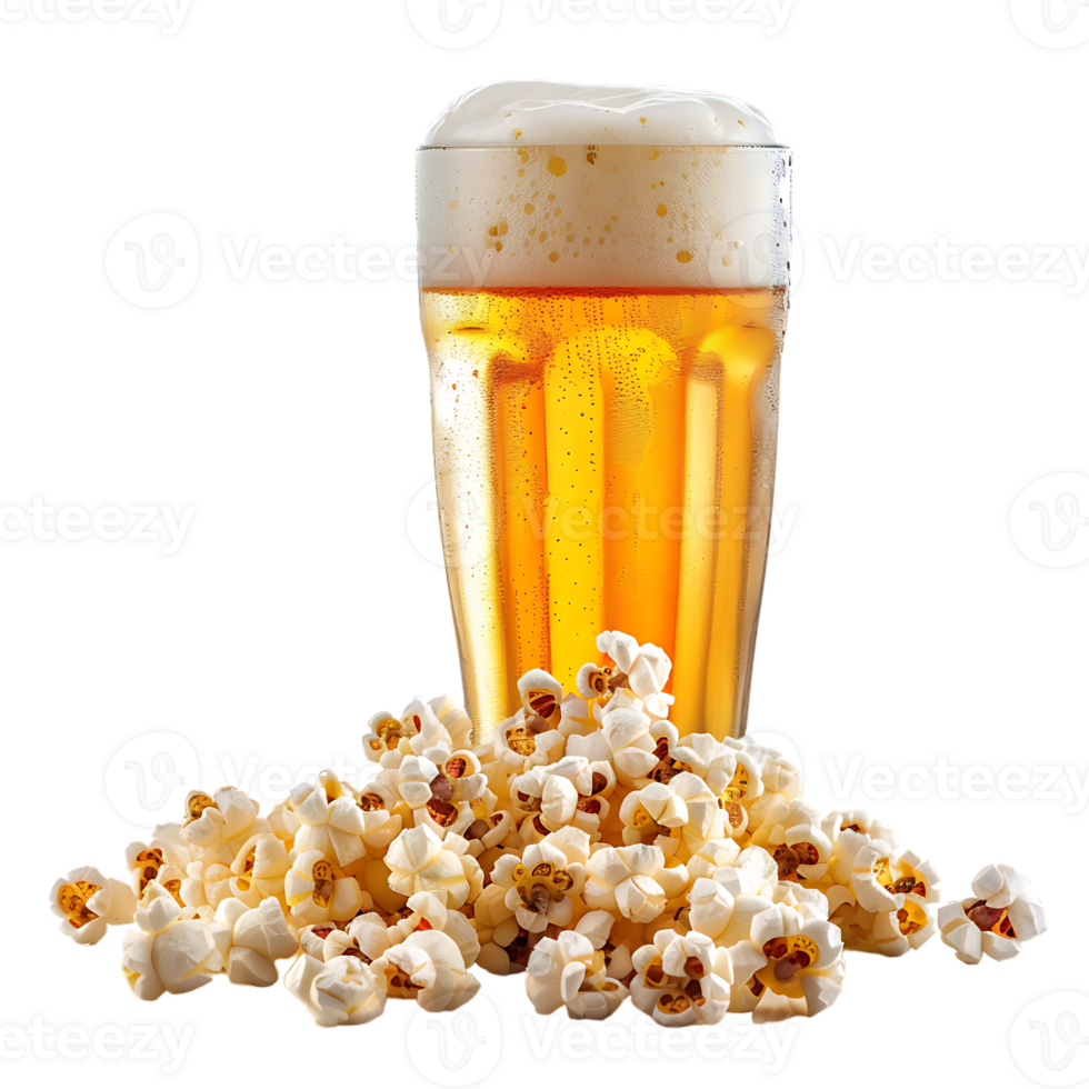 Popcorn and a glass of light beer isolated on a transparent background png