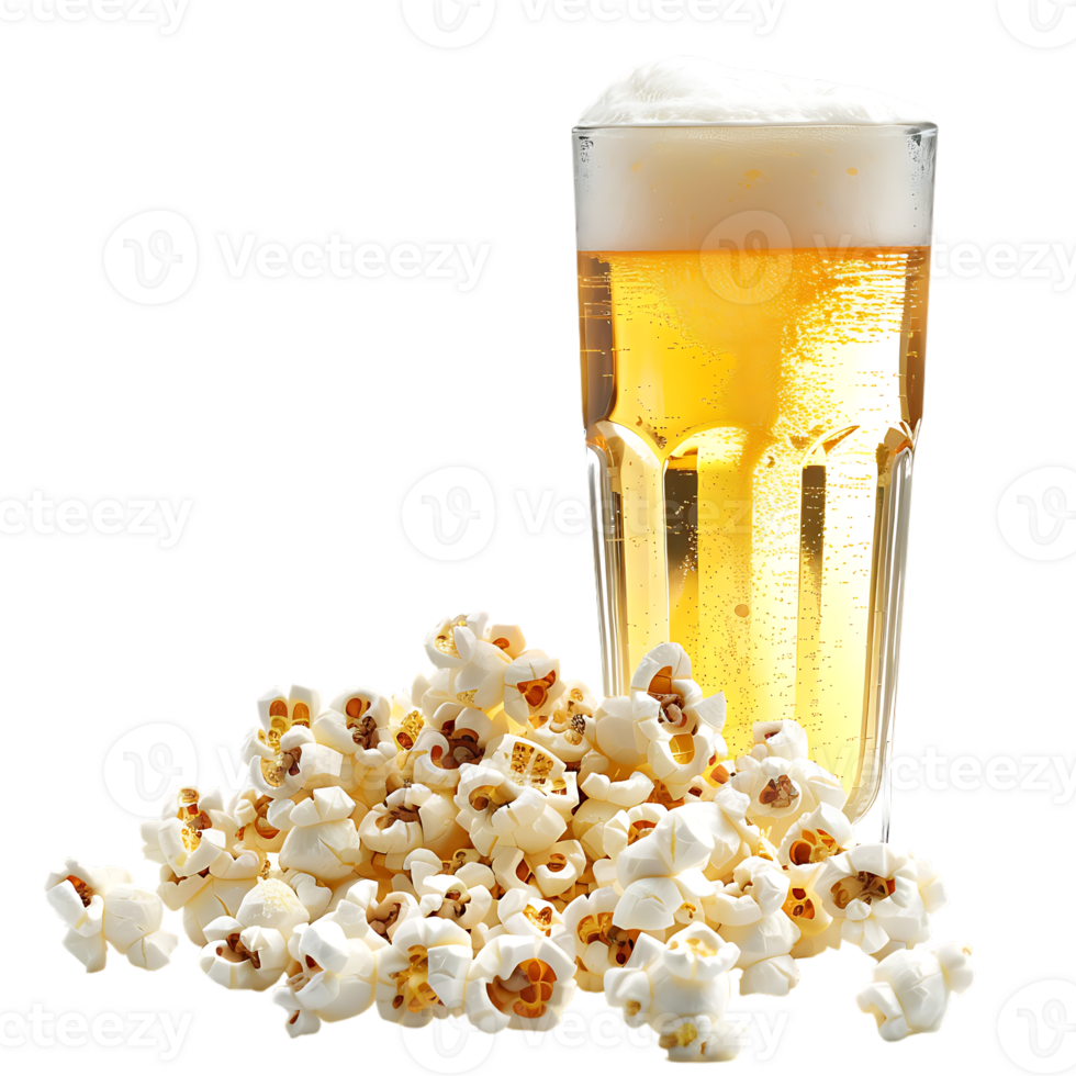 Popcorn and a glass of light beer isolated on a transparent background png