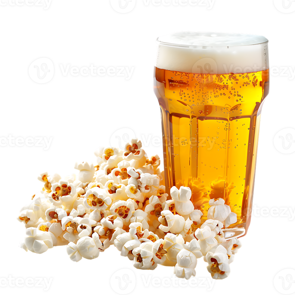 Popcorn and a glass of light beer isolated on a transparent background png