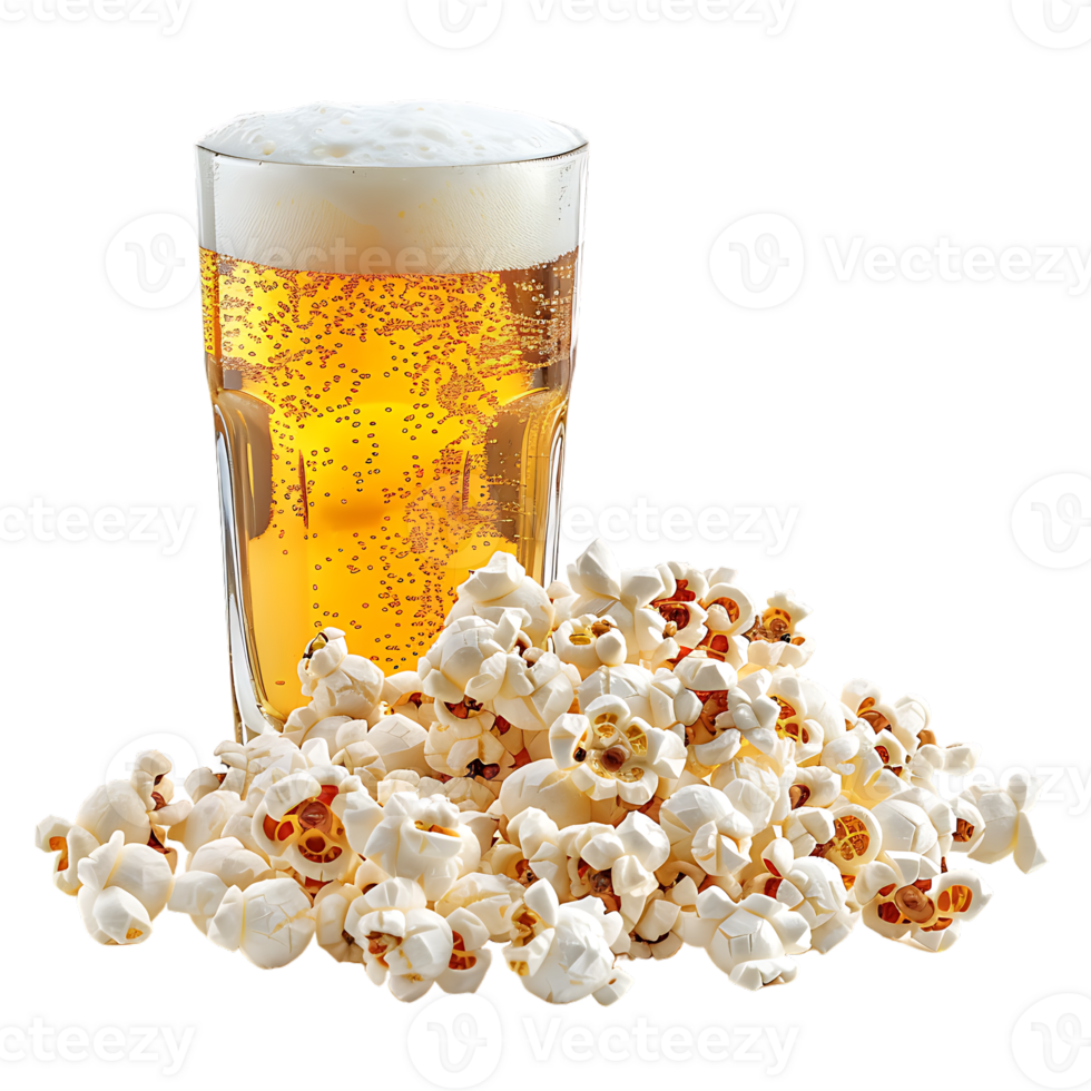 Popcorn and a glass of light beer isolated on a transparent background png