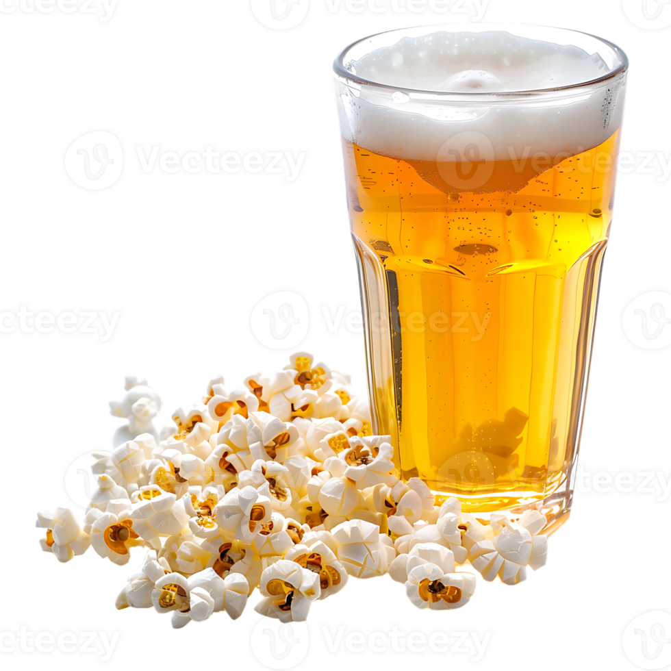 Popcorn and a glass of light beer isolated on a transparent background png