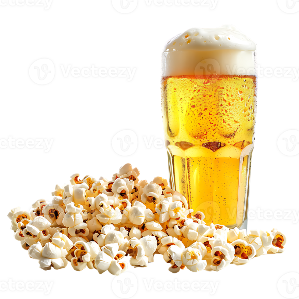 Popcorn and a glass of light beer isolated on a transparent background png