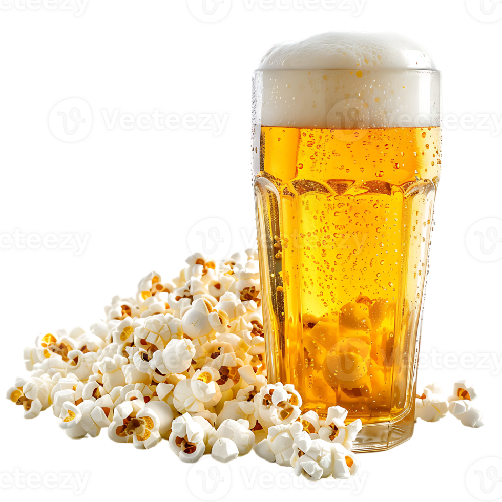 Popcorn and a glass of light beer isolated on a transparent background png