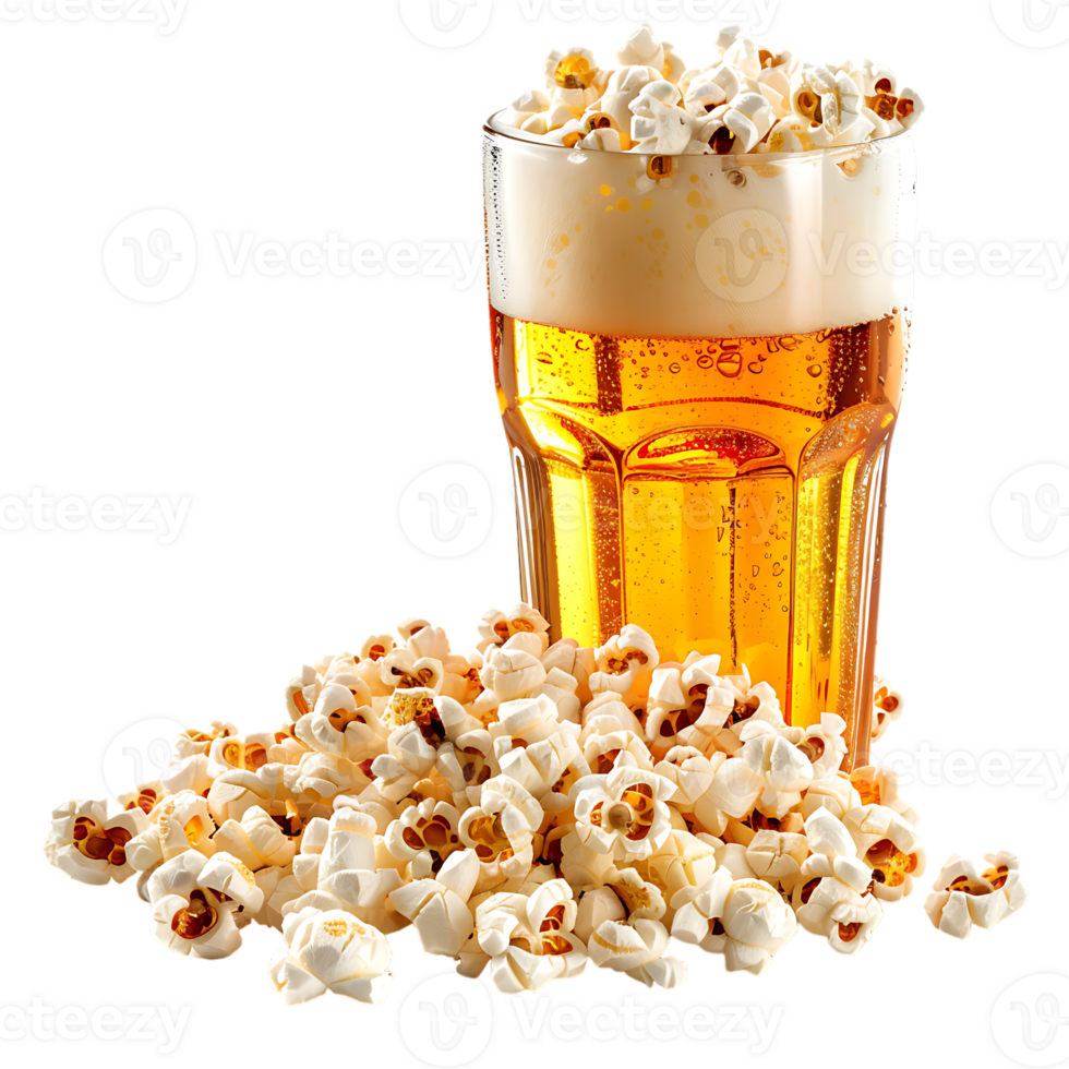Popcorn and a glass of light beer isolated on a transparent background png