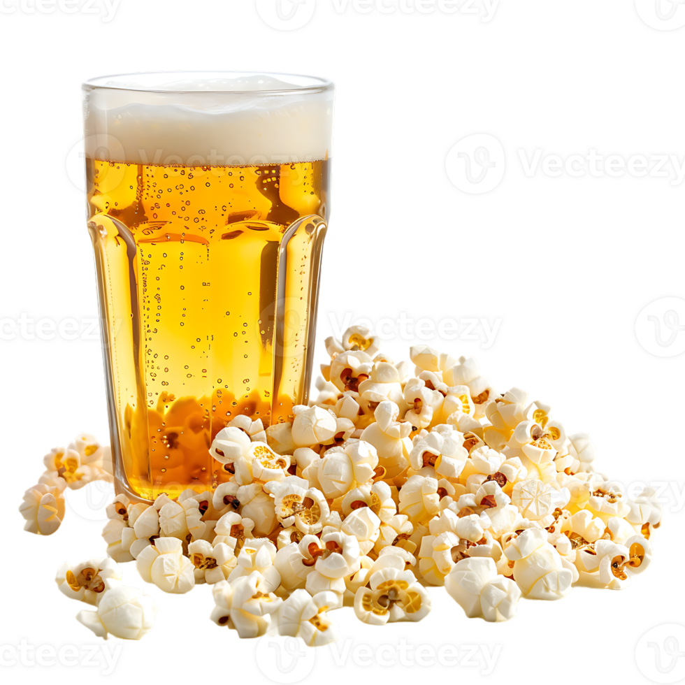 Popcorn and a glass of light beer isolated on a transparent background png