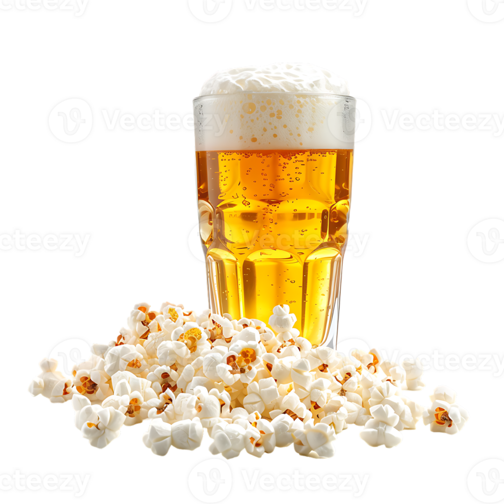 Popcorn and a glass of light beer isolated on a transparent background png