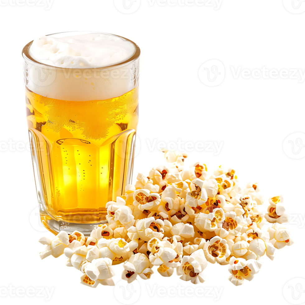 Popcorn and a glass of light beer isolated on a transparent background png