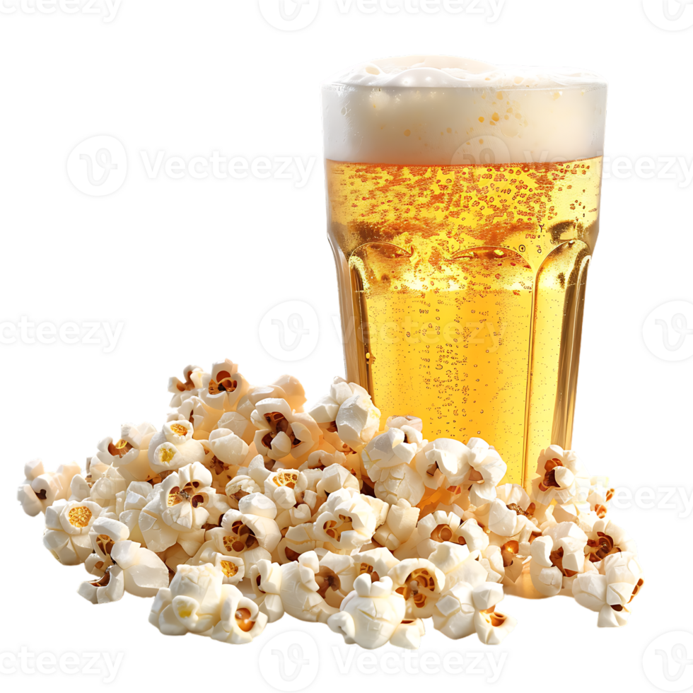 Popcorn and a glass of light beer isolated on a transparent background png