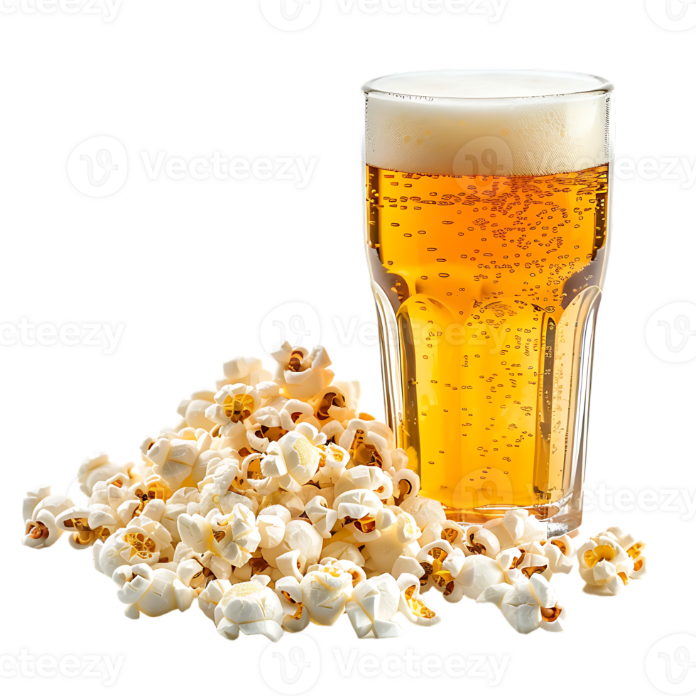Popcorn and a glass of light beer isolated on a transparent background png