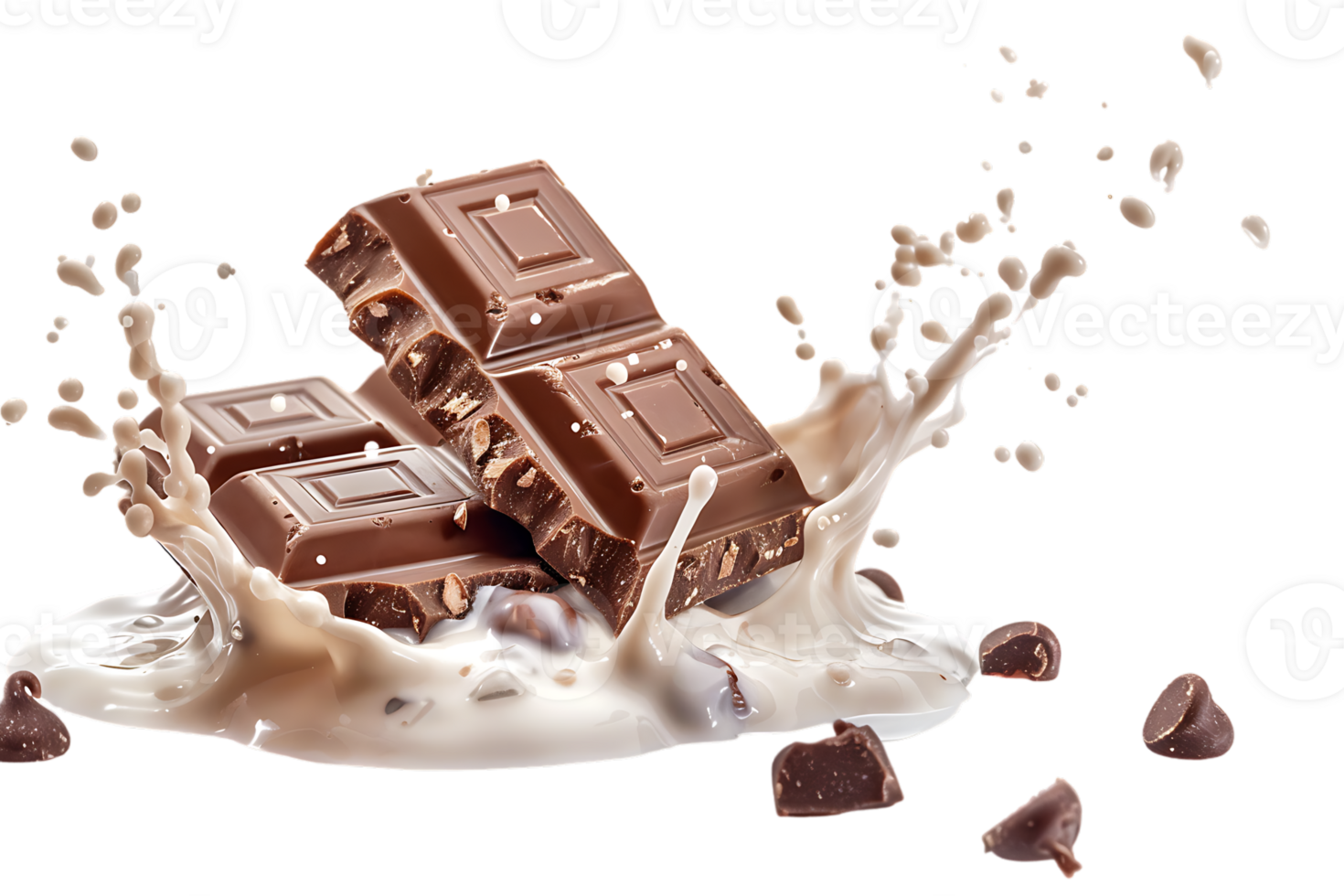 Rich chocolate bars accompanied by a creamy milk splash stand out in stark contrast png