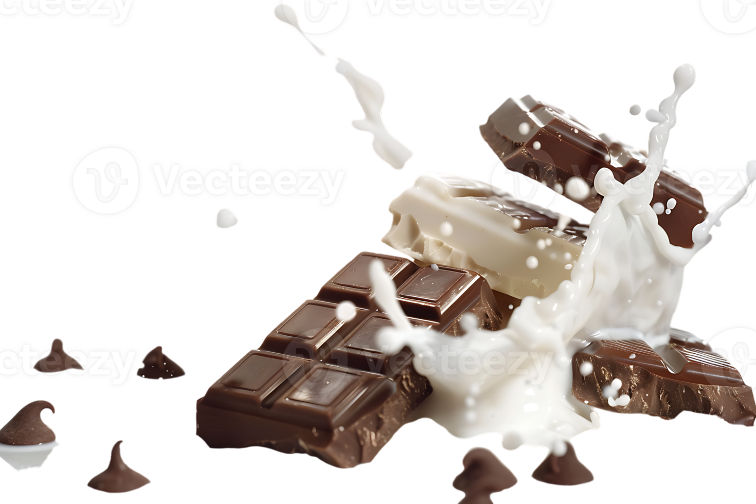 Rich chocolate bars accompanied by a creamy milk splash stand out in stark contrast png