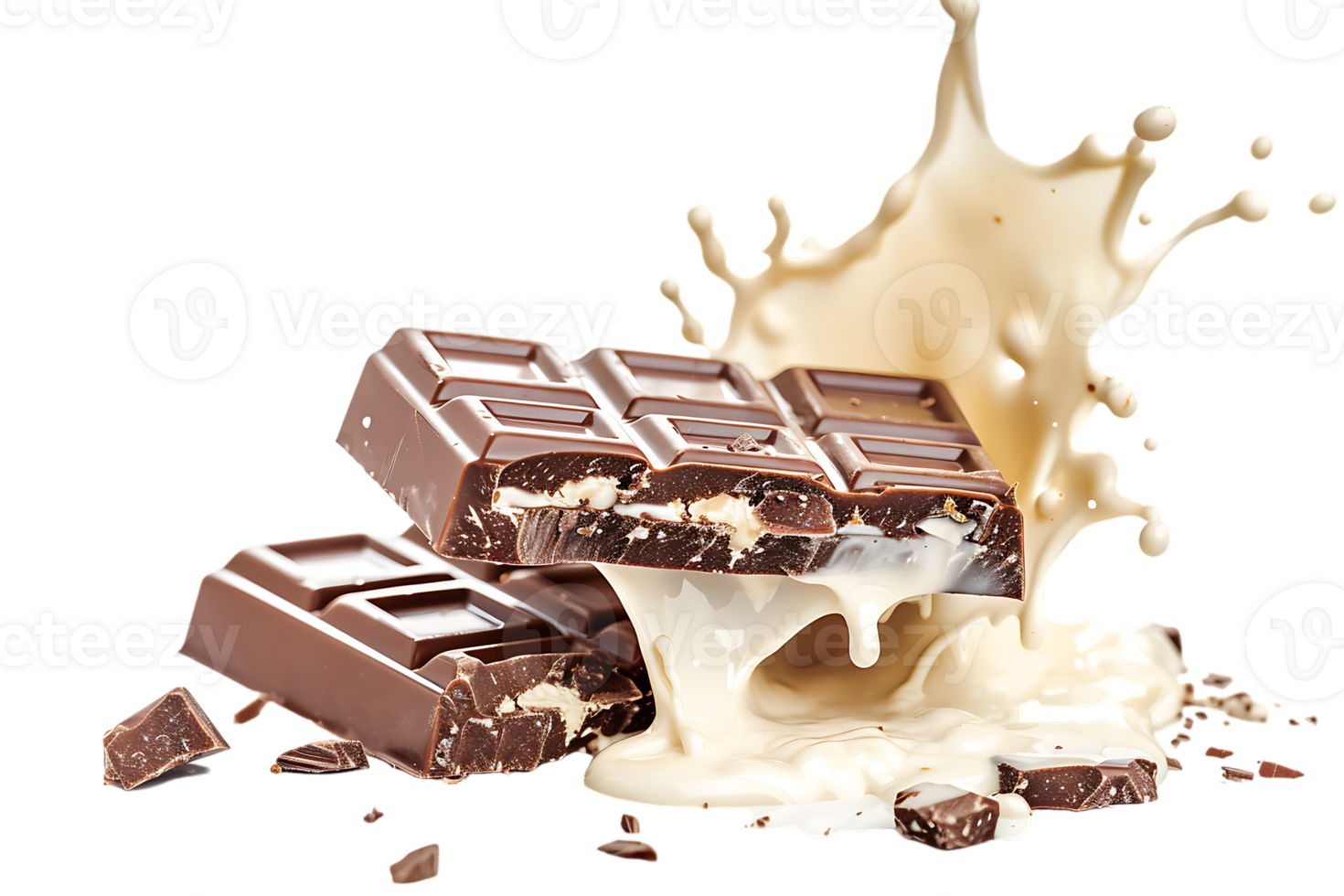 Rich chocolate bars accompanied by a creamy milk splash stand out in stark contrast png