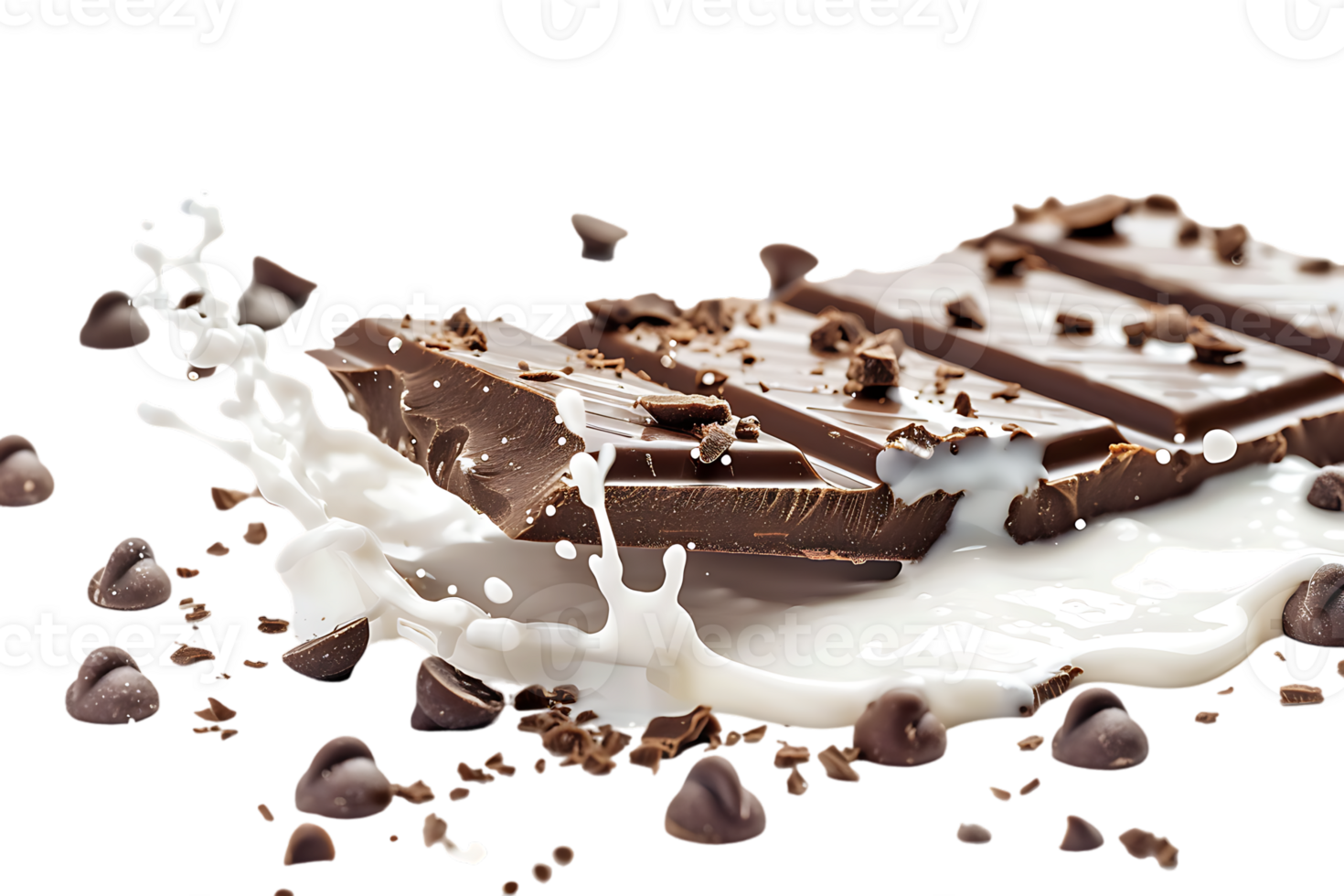 Rich chocolate bars accompanied by a creamy milk splash stand out in stark contrast png