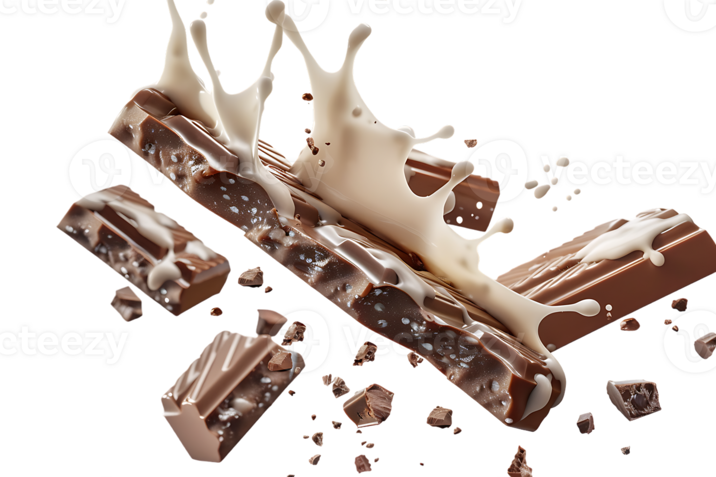 Rich chocolate bars accompanied by a creamy milk splash stand out in stark contrast png