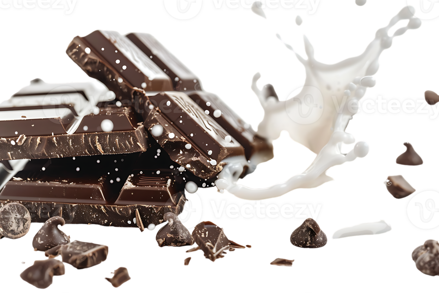 Rich chocolate bars accompanied by a creamy milk splash stand out in stark contrast png