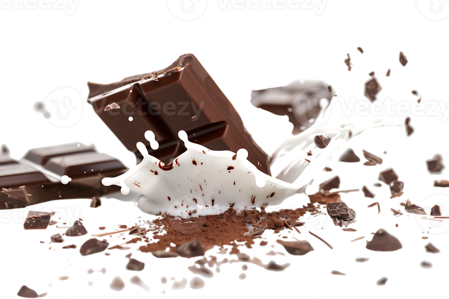 Rich chocolate bars accompanied by a creamy milk splash stand out in stark contrast png