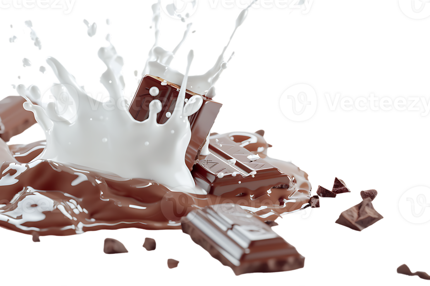 Rich chocolate bars accompanied by a creamy milk splash stand out in stark contrast png