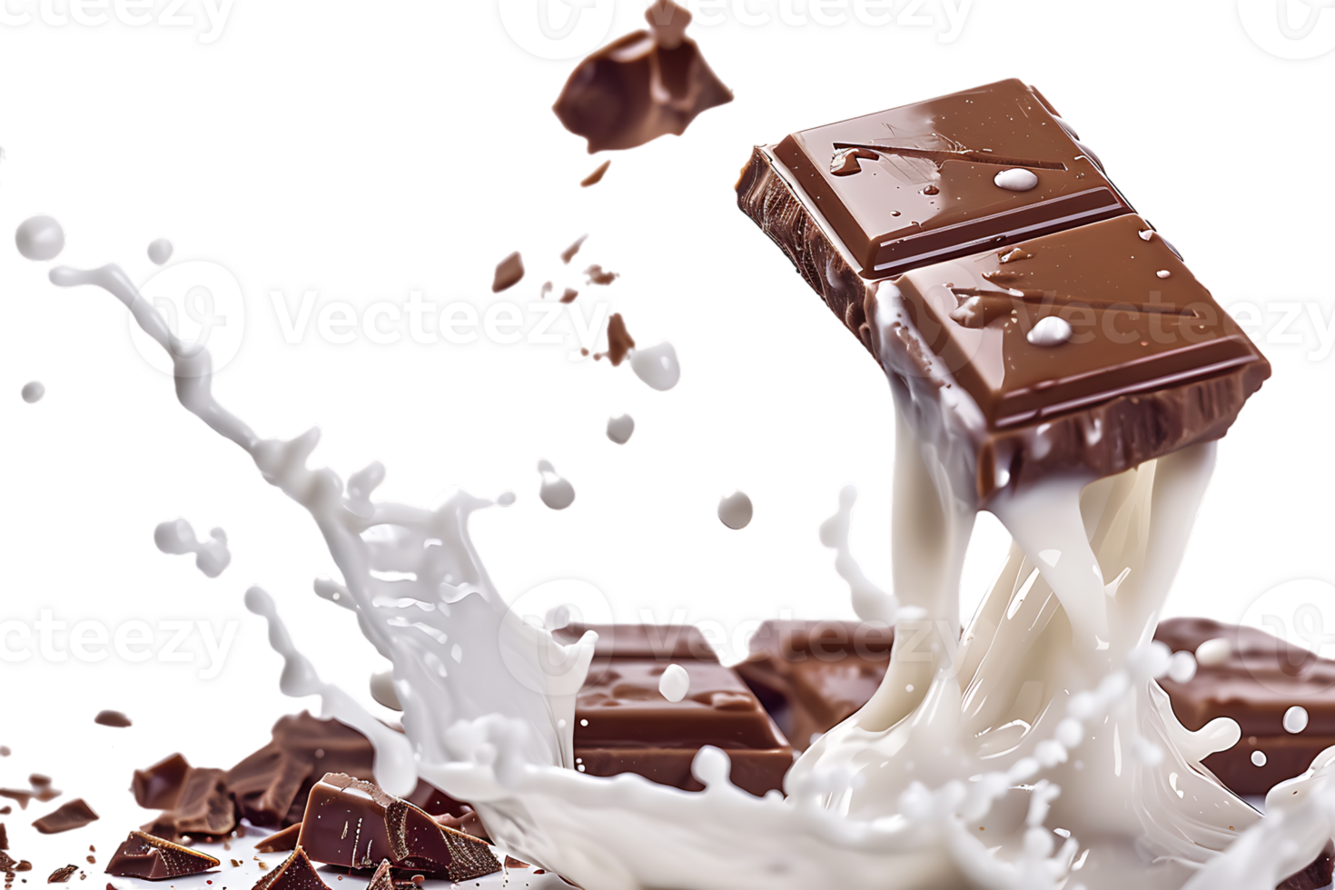 Rich chocolate bars accompanied by a creamy milk splash stand out in stark contrast png