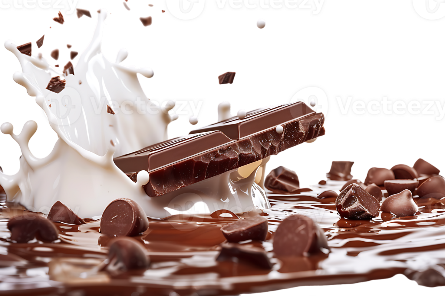 Rich chocolate bars accompanied by a creamy milk splash stand out in stark contrast png