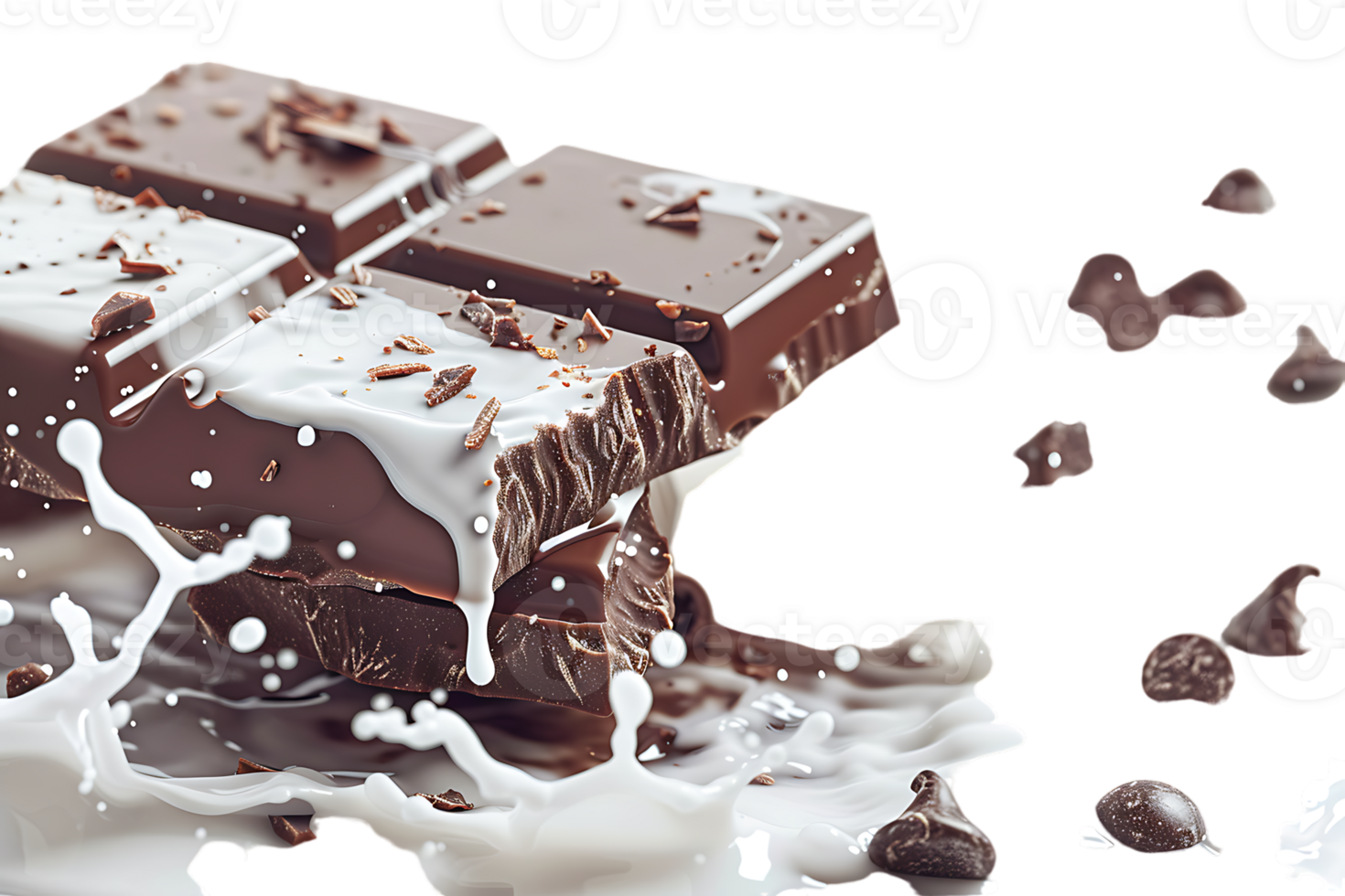 Rich chocolate bars accompanied by a creamy milk splash stand out in stark contrast png