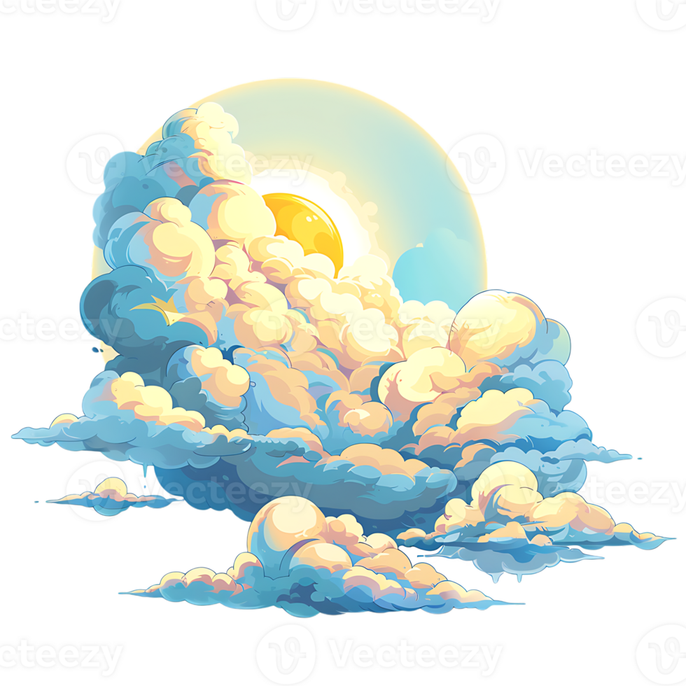 The cartoon style depiction of a sun and clouds stands alone png